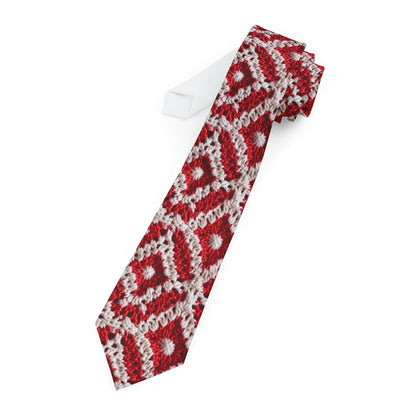 Warm Winter Red & White Crochet Knit: Cinematic Chic Texture Design - Necktie