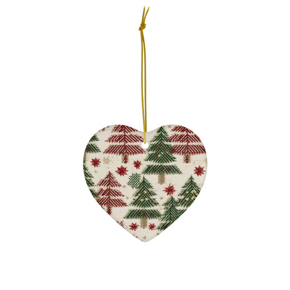 Embroidered Christmas Winter, Festive Holiday Stitching, Classic Seasonal Design - Ceramic Ornament, 4 Shapes