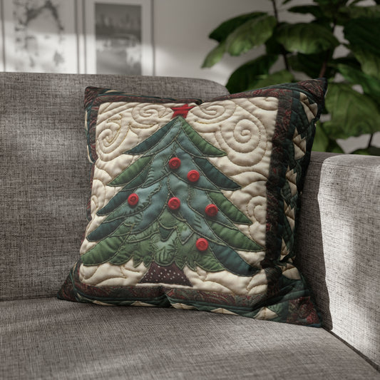 Arte del edredón del árbol de Navidad - Encanto festivo Cottagecore - Estilo nostálgico del gran milenio - Decoración navideña de inspiración vintage - Funda de almohada cuadrada de poliéster hilado 