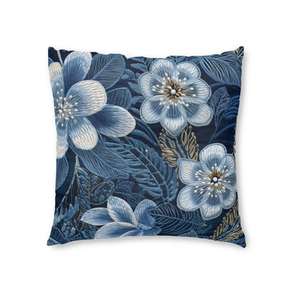 Flower Blossom Embroidery Floral on Denim Style - Tufted Floor Pillow, Square