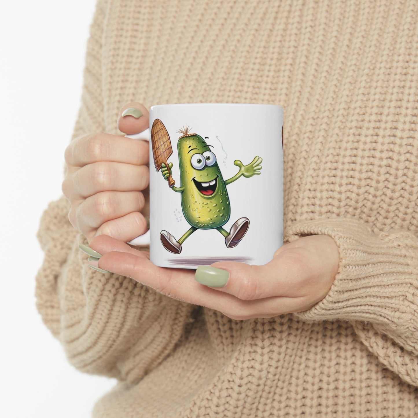 Pickle Player Action: Cartoon Swinging Pickleball Paddle - Sporty Charm - Ceramic Mug 11oz