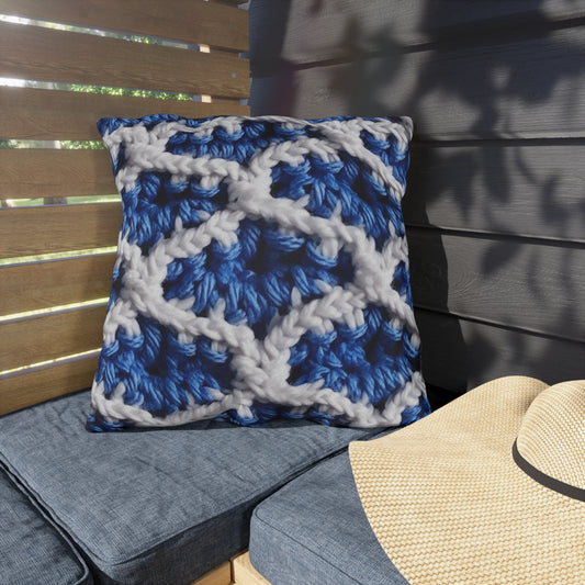 Blueberry Blue Crochet, White Accents, Classic Textured Pattern - Outdoor Pillows