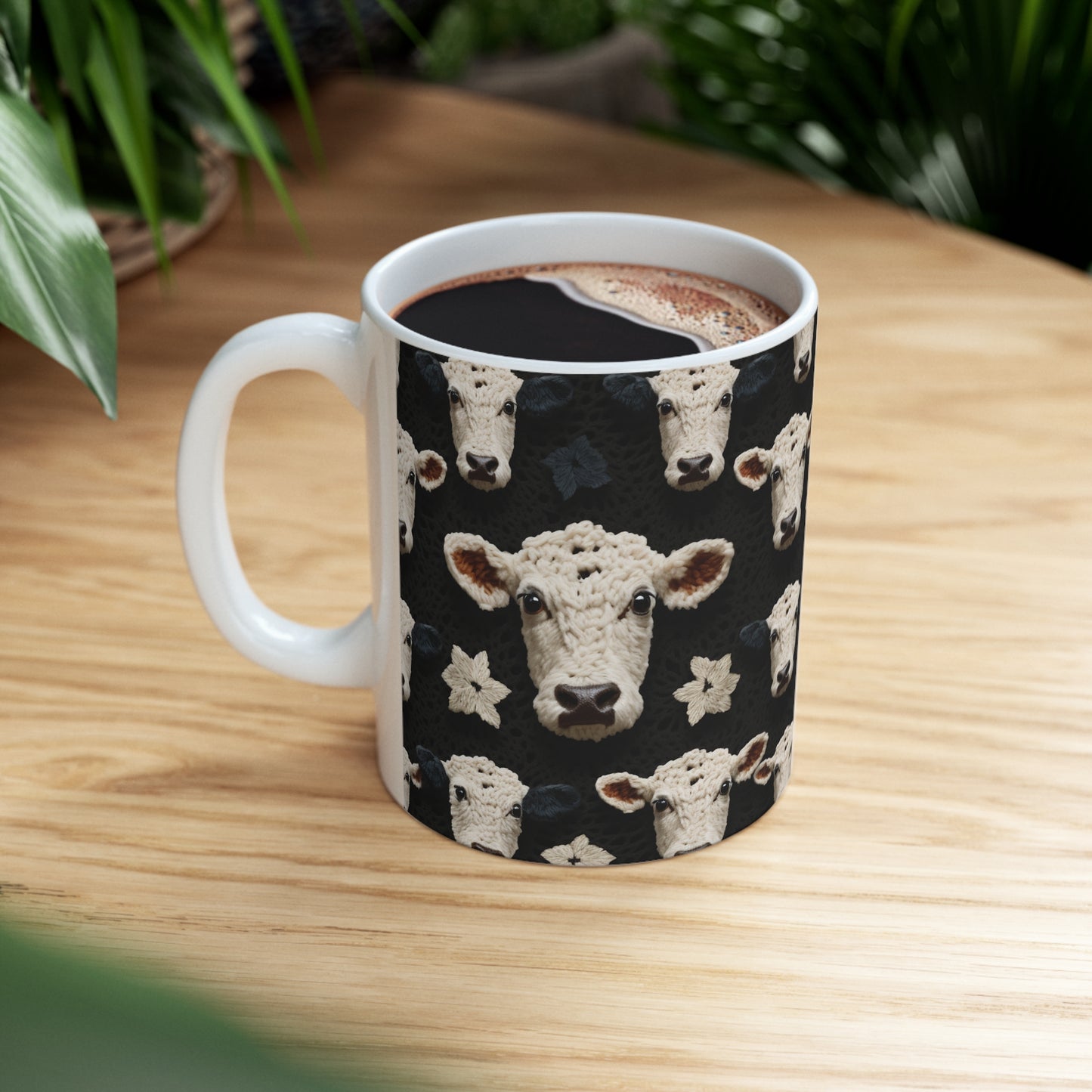 Patrón de vaca de ganchillo Estilo de tela de animales de granja - Taza de cerámica 11oz