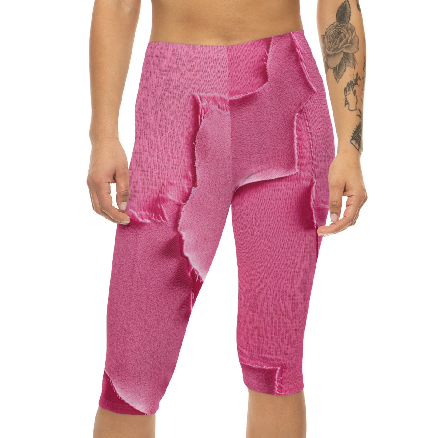 Distressed Neon Pink: Edgy, Ripped Denim-Inspired Doll Fabric - Women’s Capri Leggings (AOP)