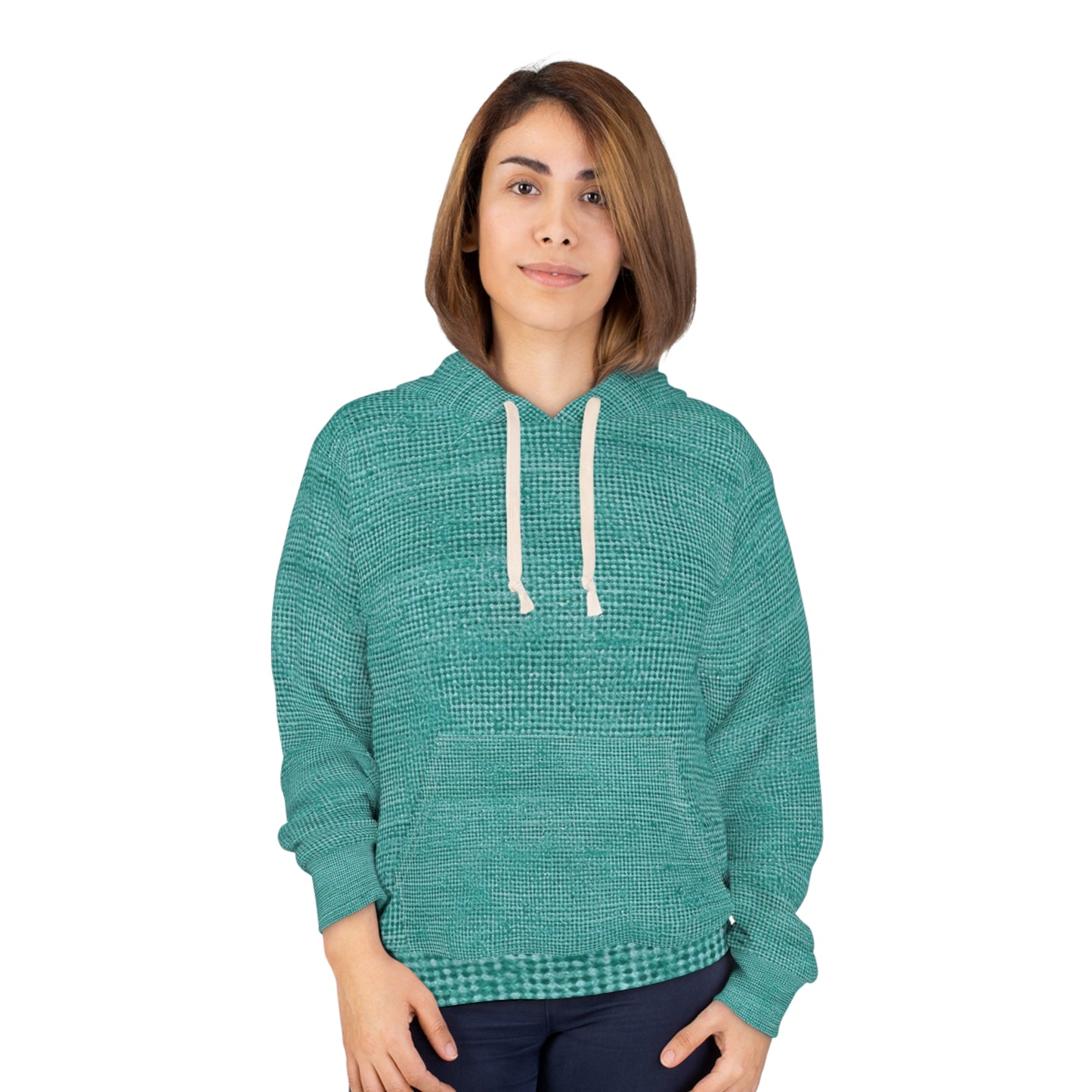 Diseño de tela vaquera color turquesa menta de calidad, material elegante, sudadera con capucha unisex (AOP) 