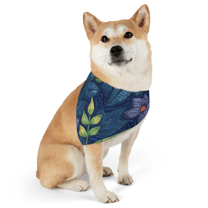 Floral Embroidery Blue: Denim-Inspired, Artisan-Crafted Flower Design - Pet Bandana Collar