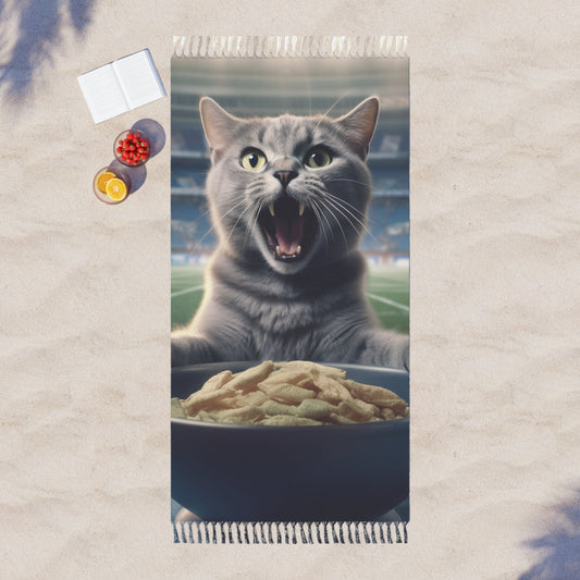 Halftime Football Feline: Screaming Sports Fan Cat Stadium Food Kitten - Boho Beach Cloth