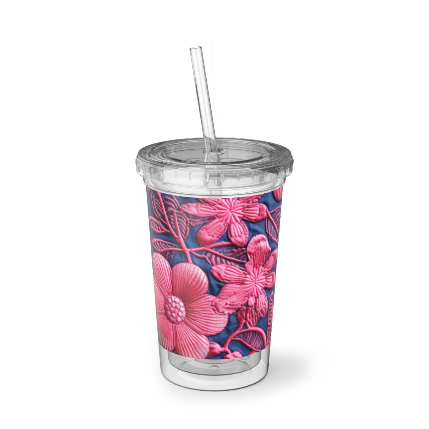 Denim Azul Muñeca Rosa Floral Bordado Estilo Tela Flores - Taza Acrílico Suave