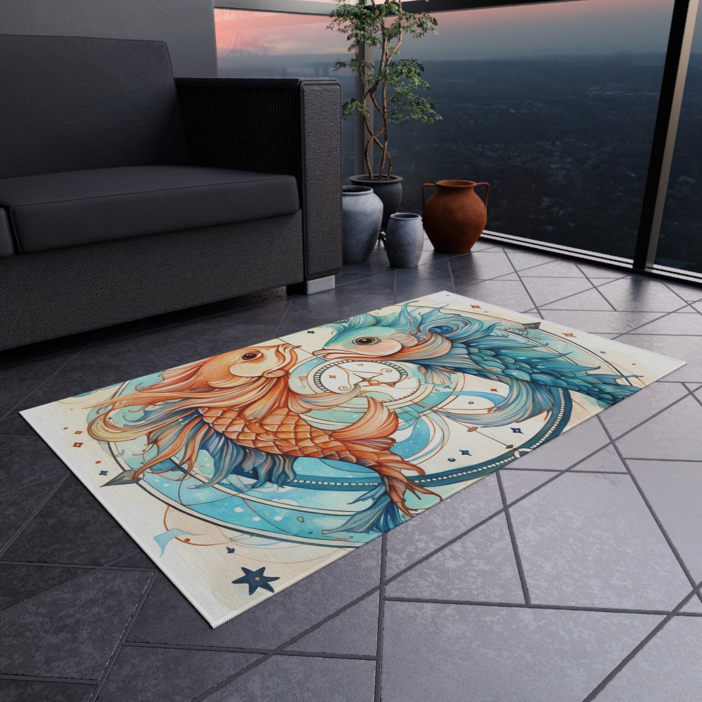 Pisces Zodiac Horoscope - Starry Watercolor & Ink, Hyper-Detailed Fish Outdoor Rug