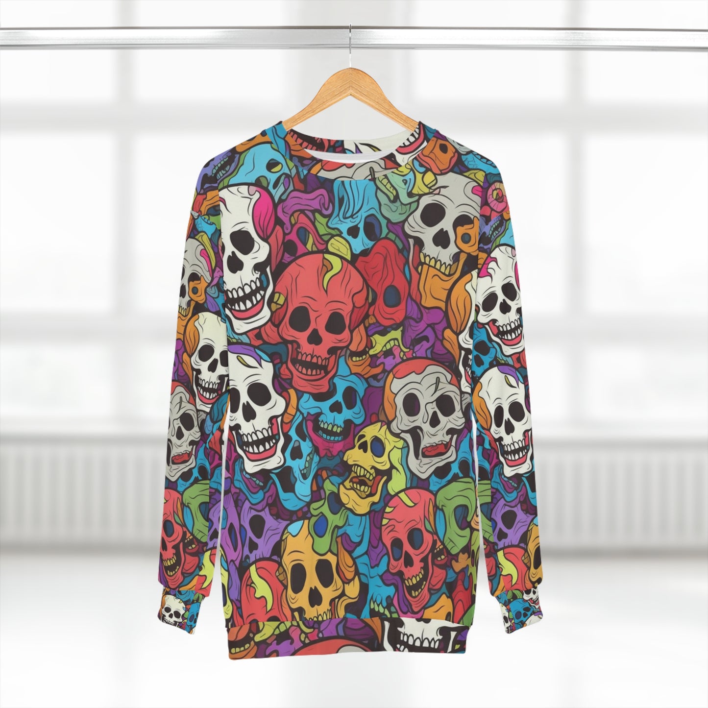 Patrón psicodélico de cabeza de calavera arcoíris, colores vibrantes - Sudadera unisex (AOP) 