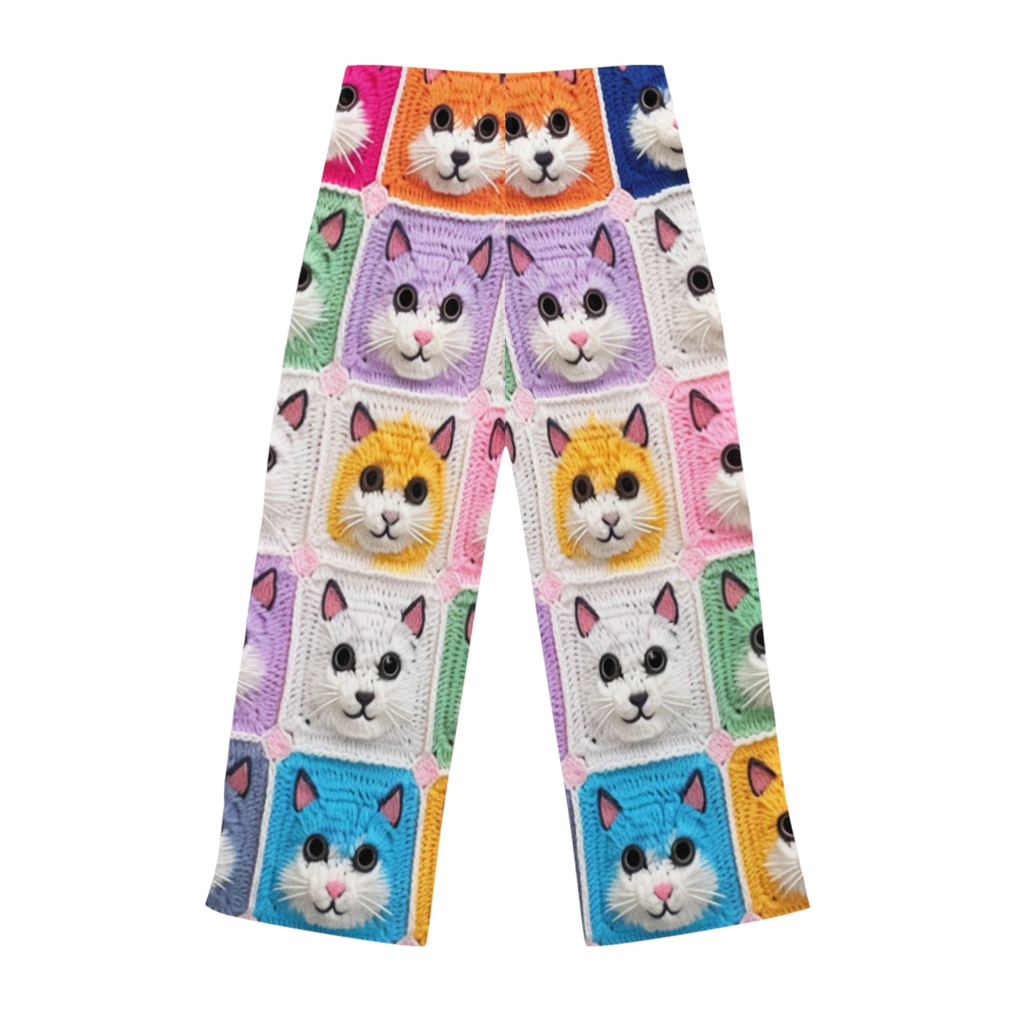 Gato de ganchillo, algodón de verano, felino, cárdigan de gato retro, creación de algodón de ganchillo gatito - pantalones de pijama de mujer (AOP) 