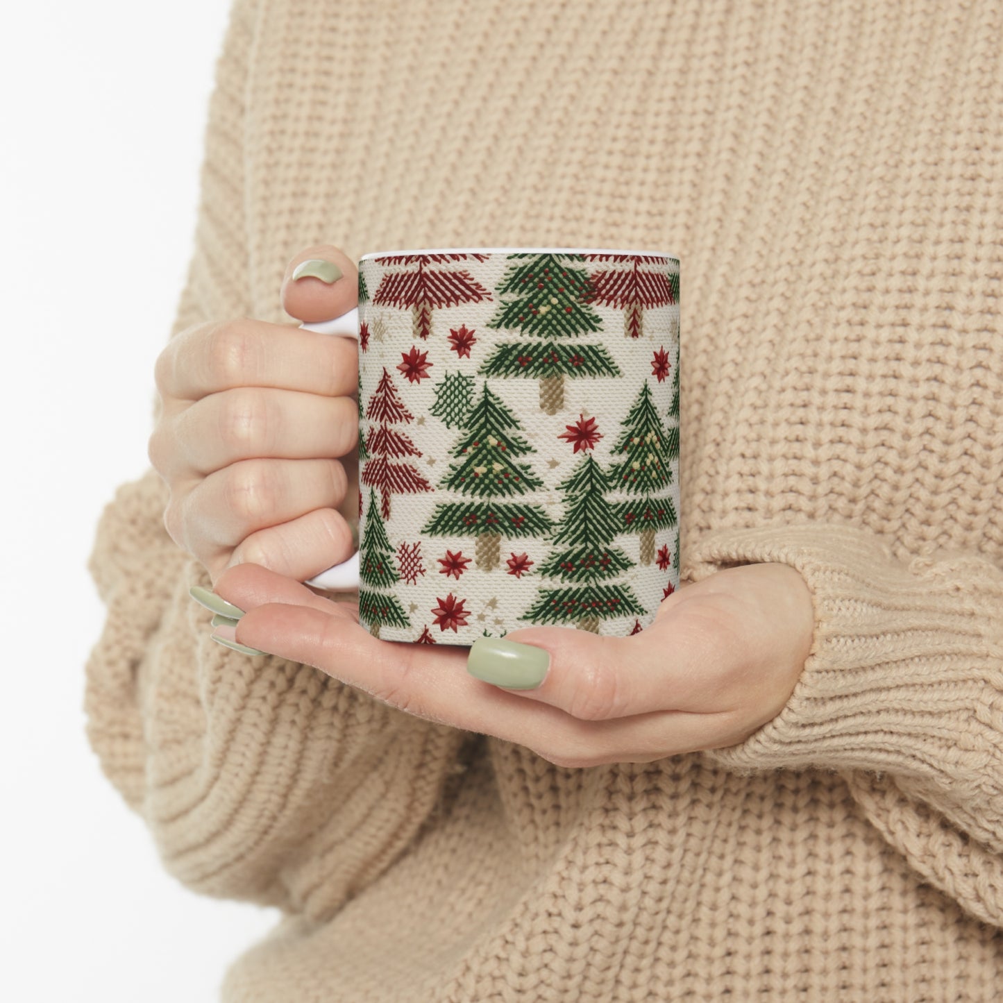 Invierno navideño bordado, costuras festivas, diseño clásico de temporada - Taza de cerámica de 11 oz 