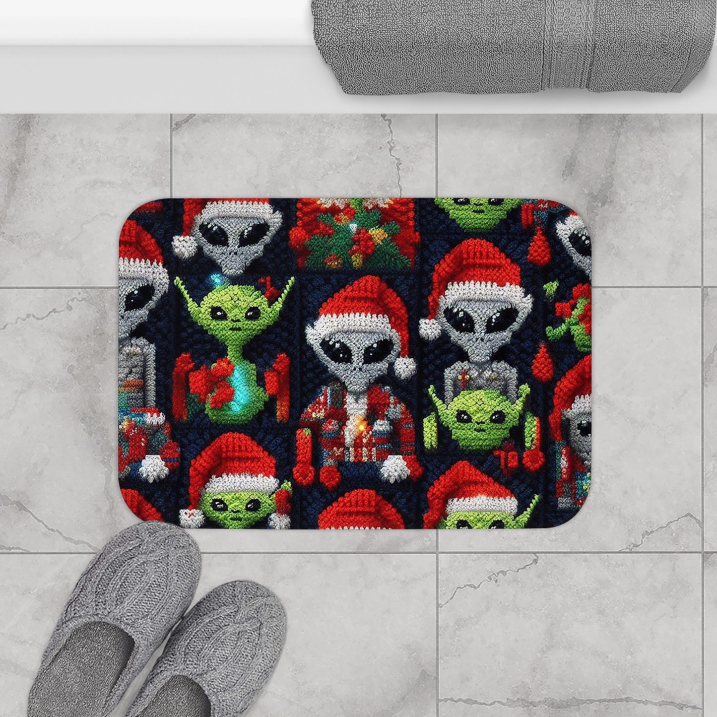 Festive Alien Invasion: Intergalactic Christmas Holiday Cheer with Santa Hats and Seasonal Gifts Crochet Pattern - Bath Mat