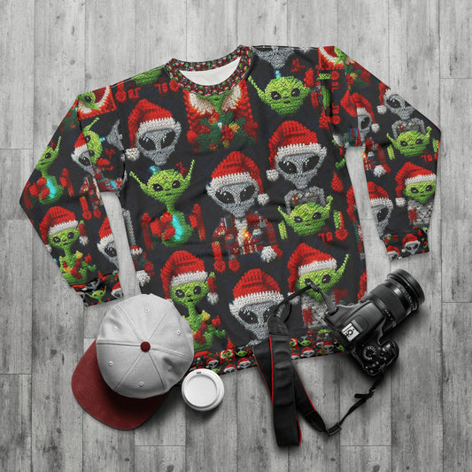 Festive Alien Invasion: Intergalactic Christmas Holiday Cheer with Santa Hats and Seasonal Gifts Crochet Pattern - Unisex Sweatshirt (AOP)