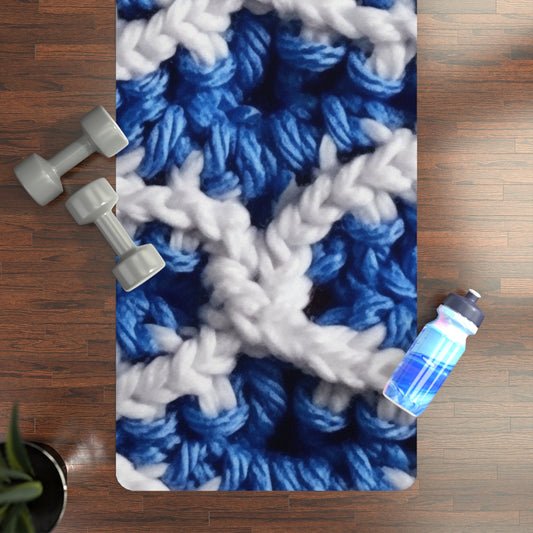 Blueberry Blue Crochet, White Accents, Classic Textured Pattern - Rubber Yoga Mat