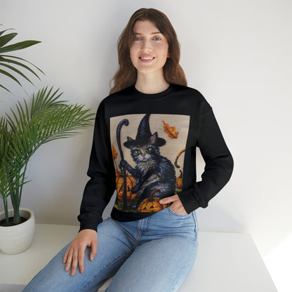 Halloween Cat Magic: Embroidered Style Feline with Pumpkins & Witch Hat - Unisex Heavy Blend™ Crewneck Sweatshirt