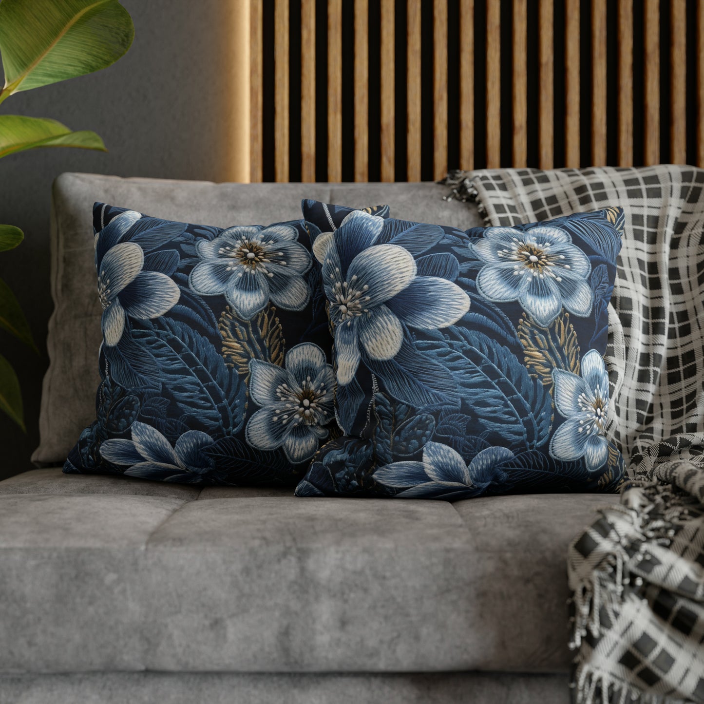 Flower Blossom Embroidery Floral on Denim Style - Spun Polyester Square Pillow Case