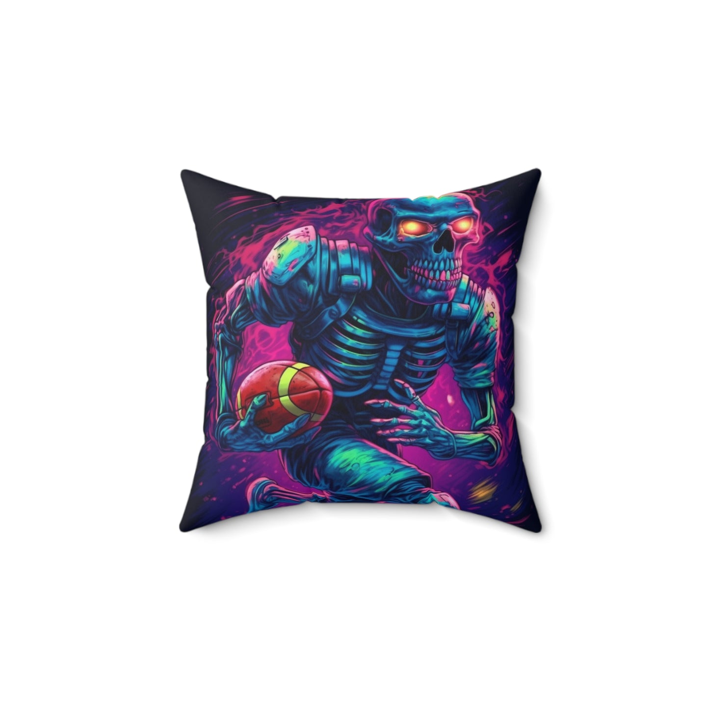 Spooky Football Game: Fantasy Skeleton Athlete Running with Ball, Sporty Halloween - Spun Polyester Square Pillow