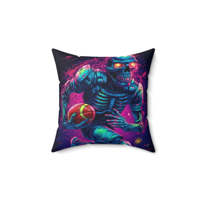 Spooky Football Game: Fantasy Skeleton Athlete Running with Ball, Sporty Halloween - Spun Polyester Square Pillow