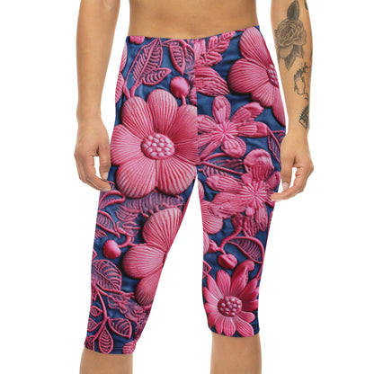 Denim Azul Muñeca Rosa Floral Bordado Estilo Tela Flores - Leggings Capri Mujer (AOP) 