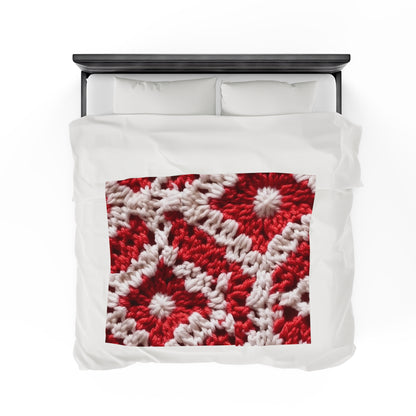 Warm Winter Red & White Crochet Knit: Cinematic Chic Texture Design - Velveteen Plush Blanket