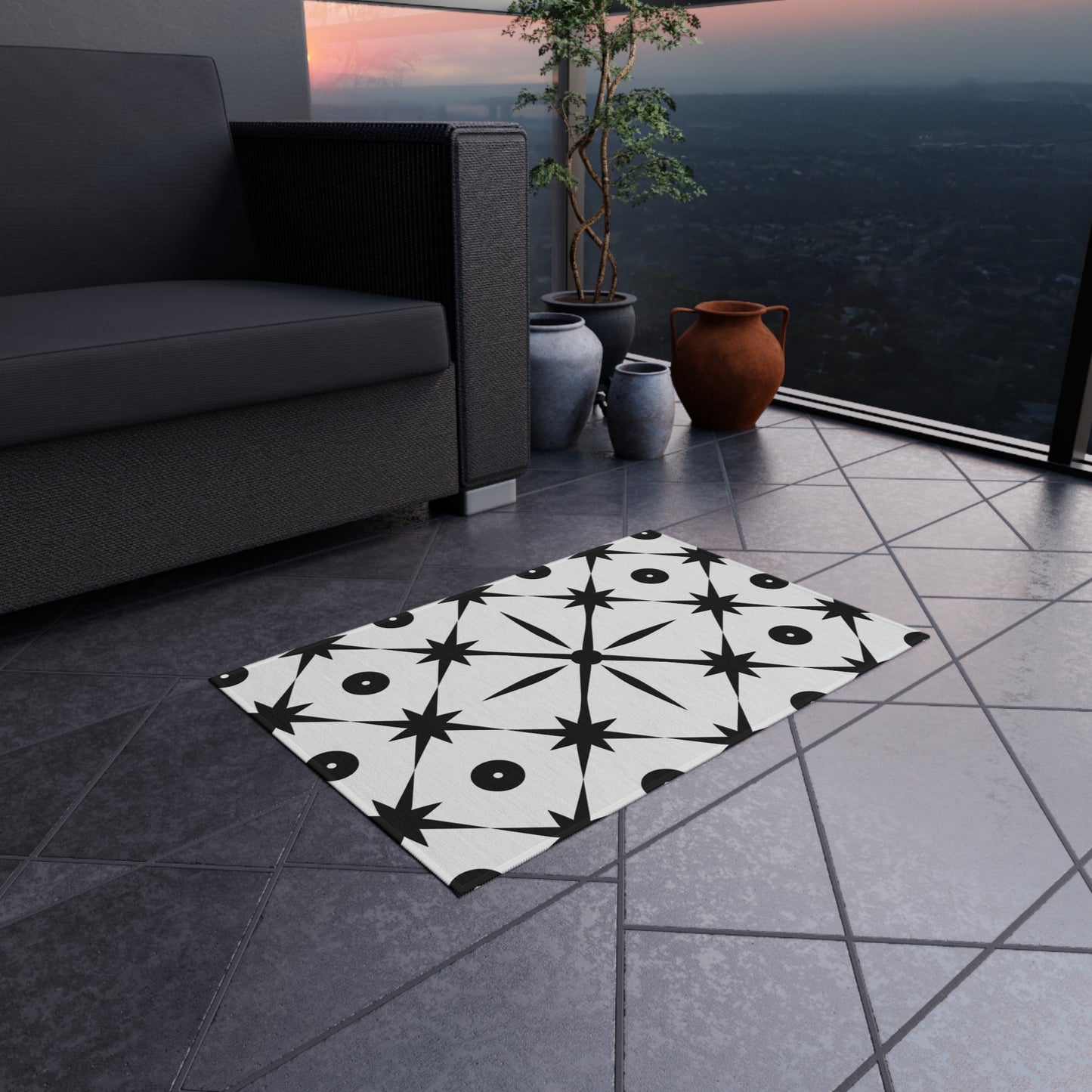 Mid Century Modern Asterisk Design - White & Black Atomic Starburst - Outdoor Rug