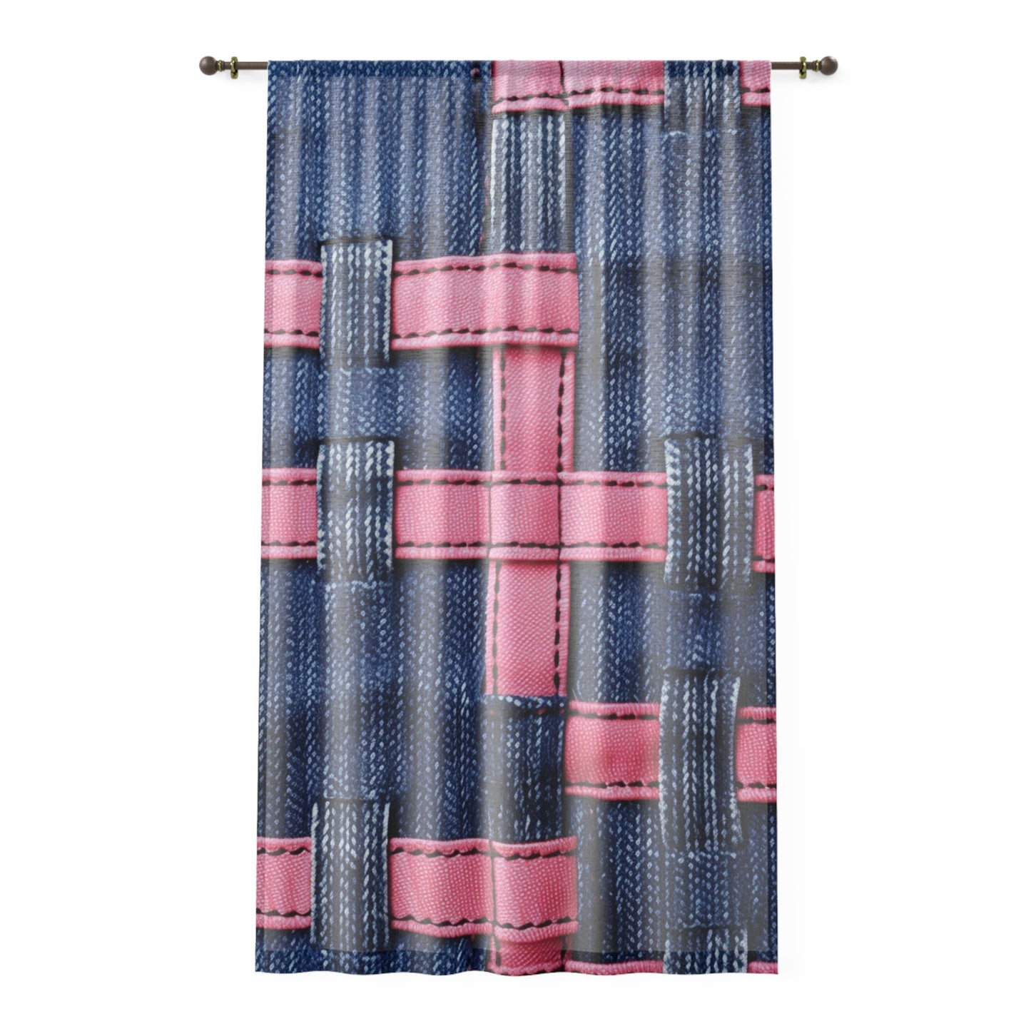 Candy-Striped Crossover: Pink Denim Ribbons Dancing on Blue Stage - Window Curtain