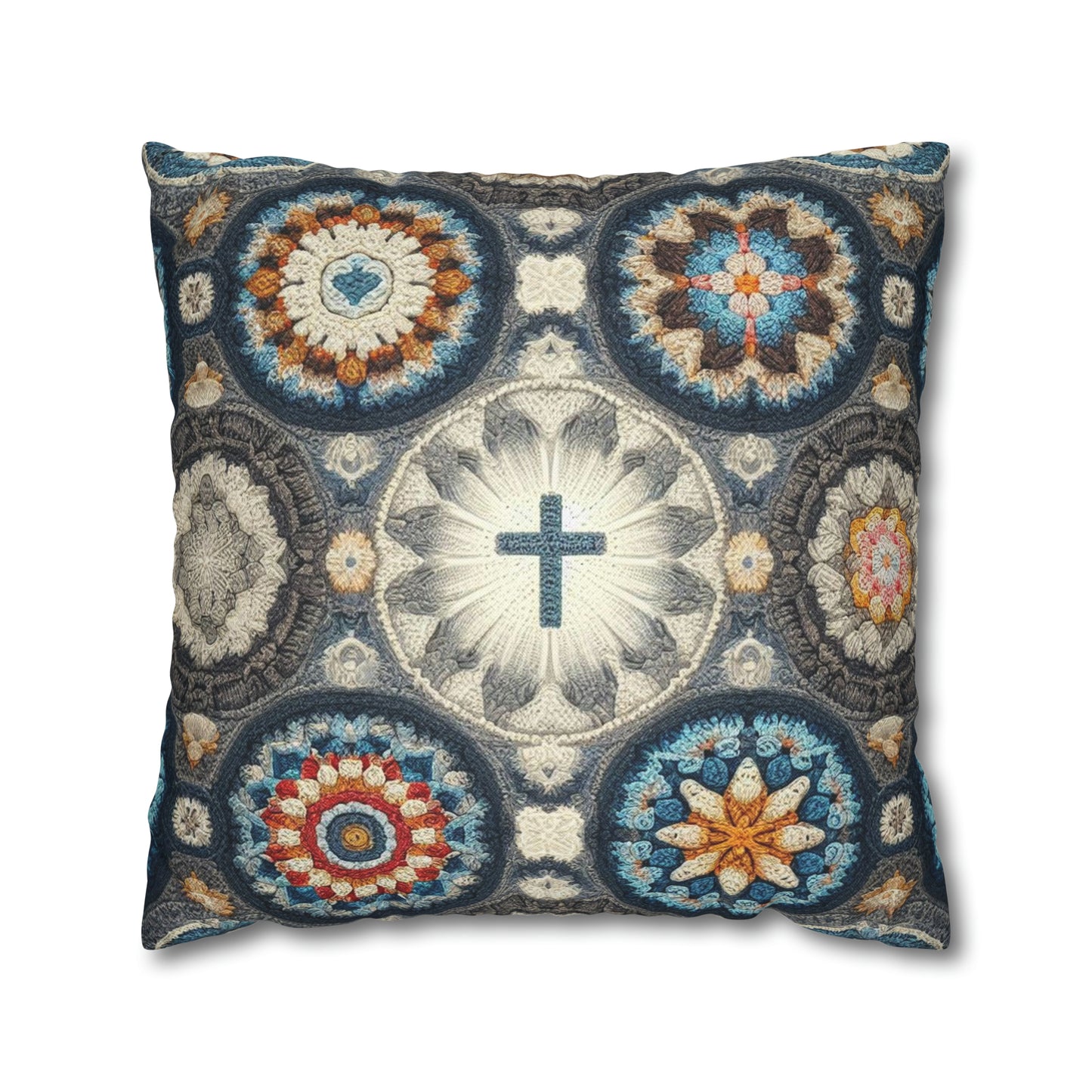 Bohemian Crochet Mandala with Centered Christian Cross - Earthy Tones Mosaic - Spun Polyester Square Pillow Case