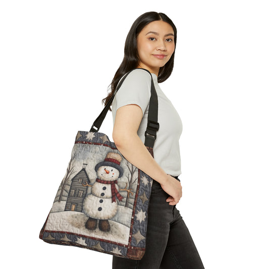 Christmas Cottagecore Snowman & Snowy House - Nostalgic Decor - Grandmillennial Festive Charm - Adjustable Tote Bag (AOP)
