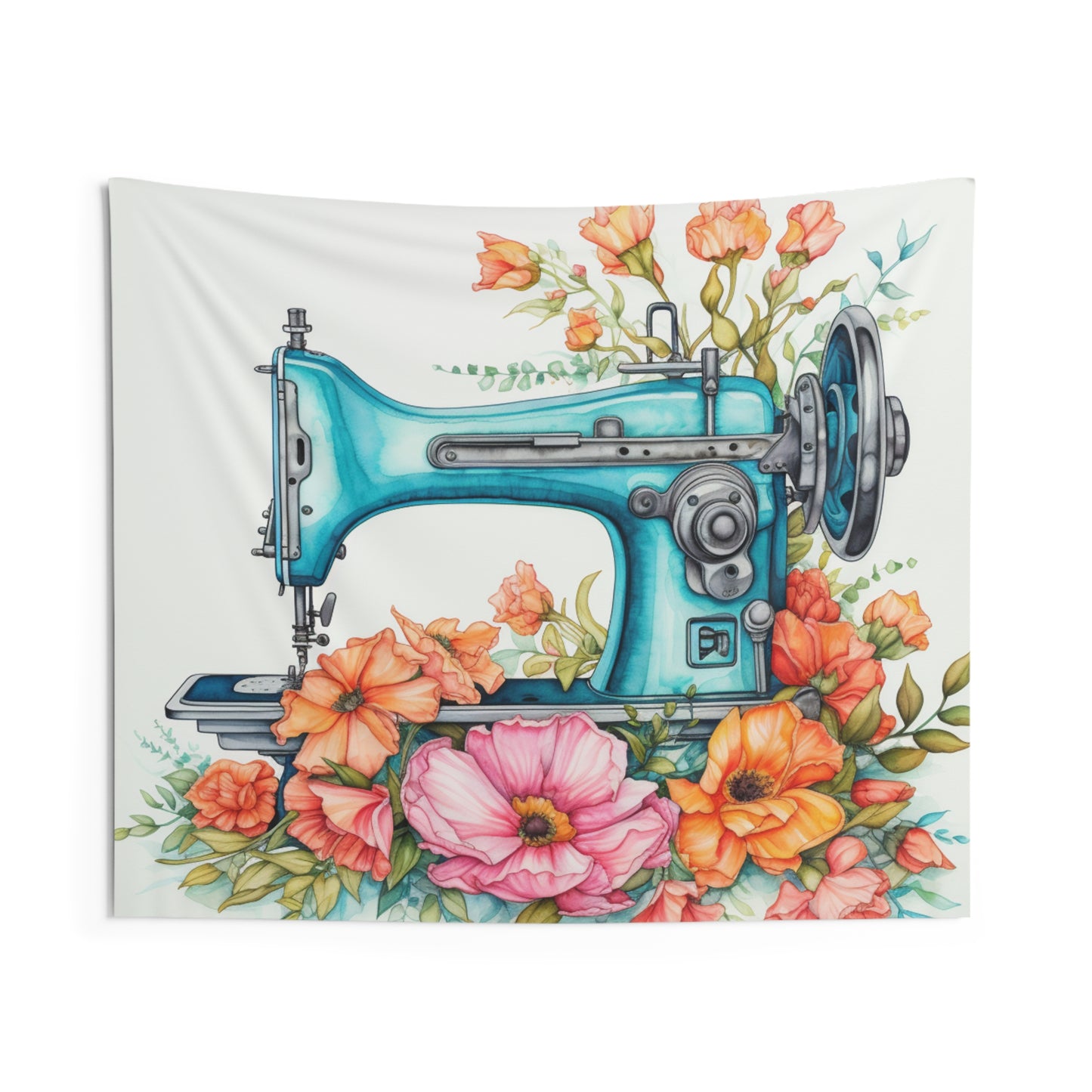 Aqua Blue Sewing Machine and Floral Watercolor Illustration, Artistic Craft - Indoor Wall Tapestries