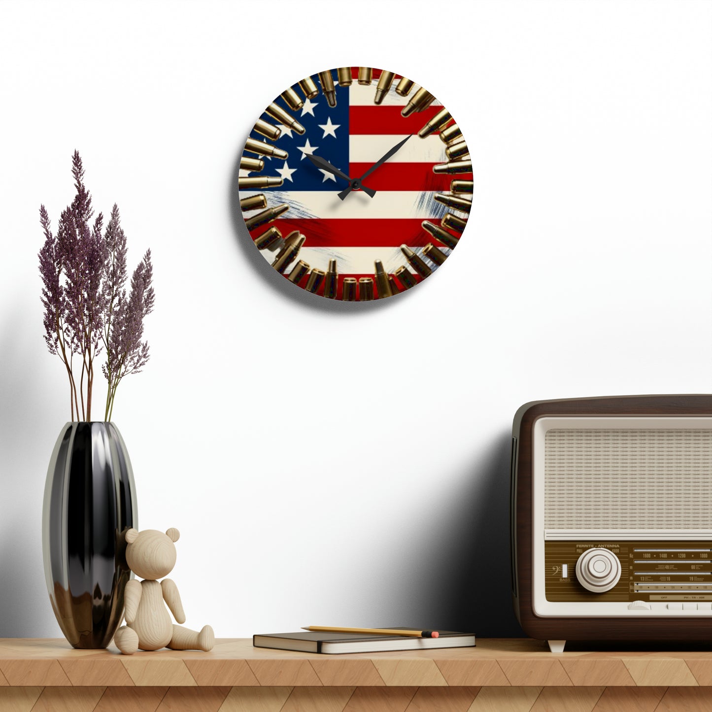 Liberty Bullet Art Acrylic Wall Clock - Patriotic USA Flag Design, Americana Wall Accent, Non-Functional Bullet Decor, Stars and Stripes Tribute Timepiece