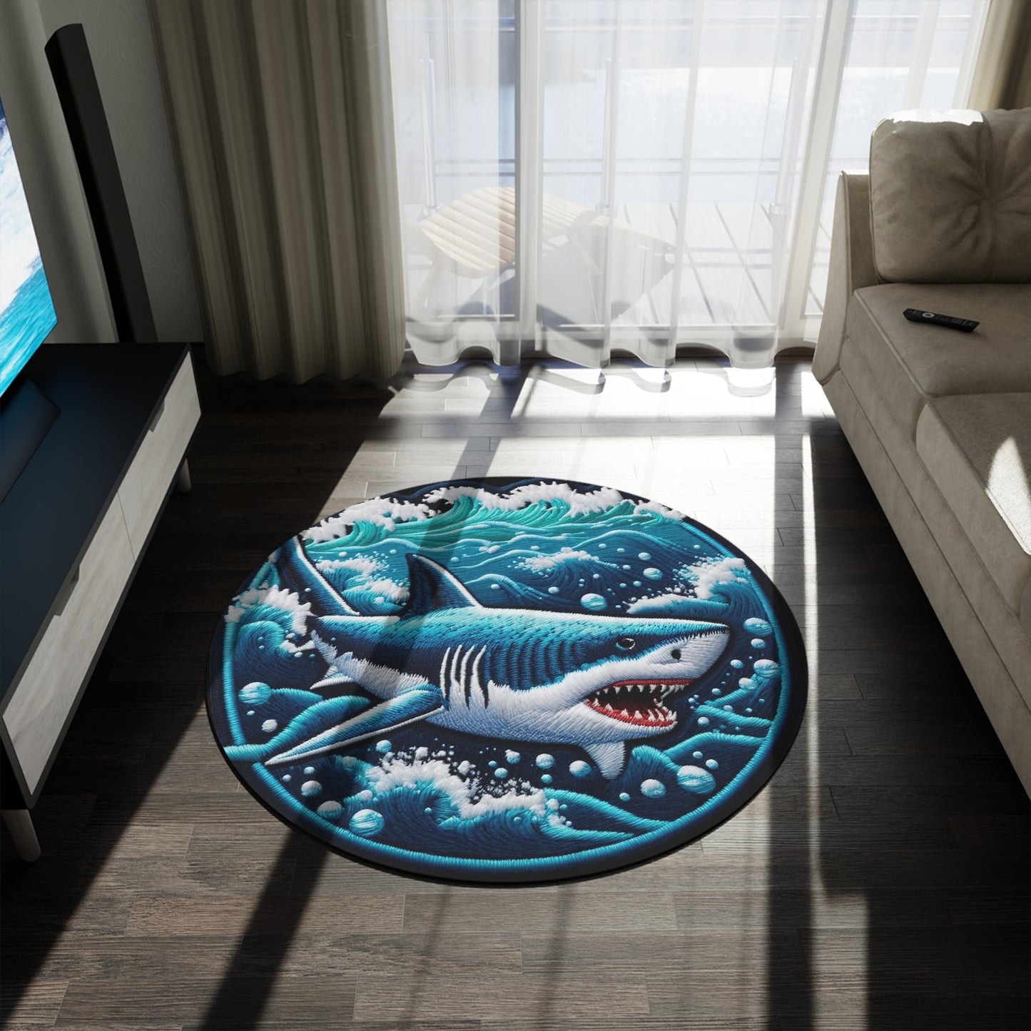 Blue Ocean Shark, Chenille Patch Graphic, Round Rug