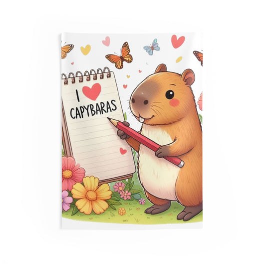 Capybara Holding Pencil and Notepad with I Love Capybaras, Cute Rodent Surrounded by Flowers and Butterflies, Indoor Wall Tapestries