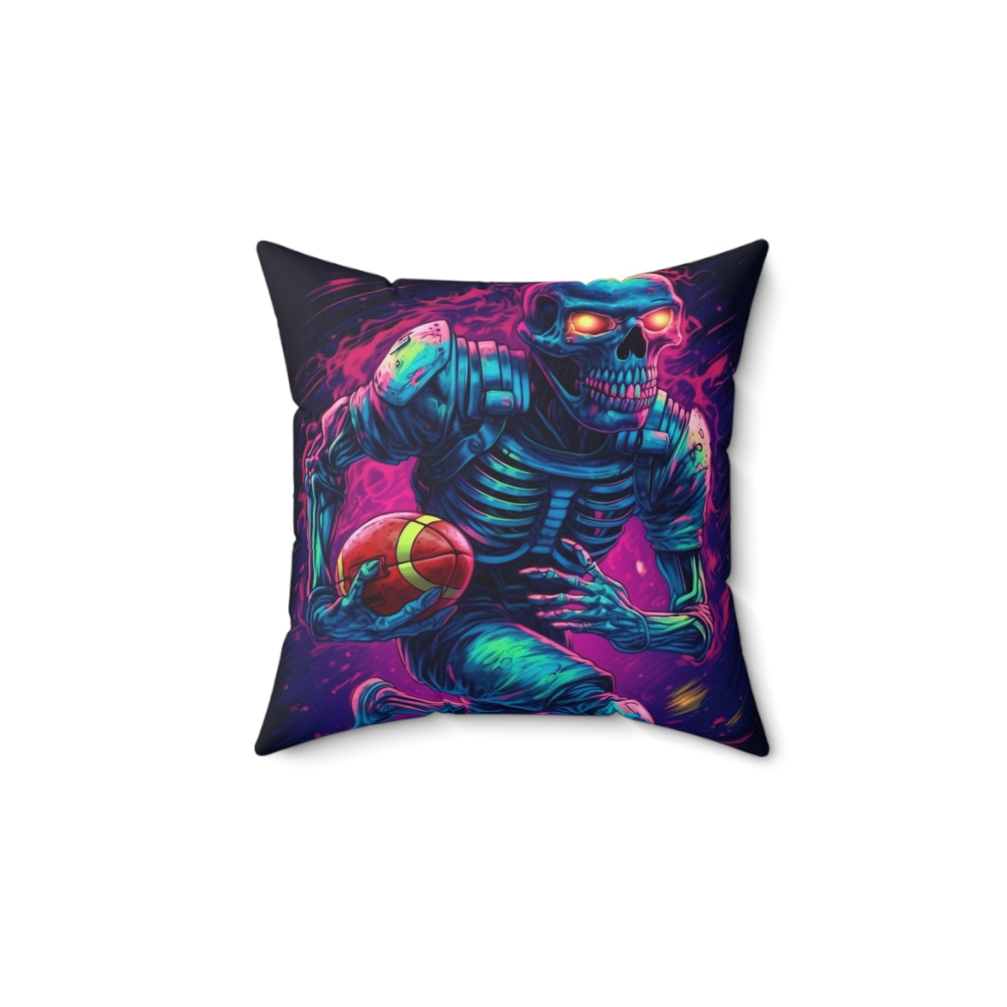 Spooky Football Game: Fantasy Skeleton Athlete Running with Ball, Sporty Halloween - Spun Polyester Square Pillow