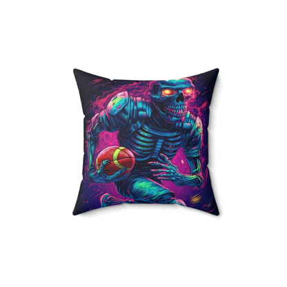 Spooky Football Game: Fantasy Skeleton Athlete Running with Ball, Sporty Halloween - Spun Polyester Square Pillow