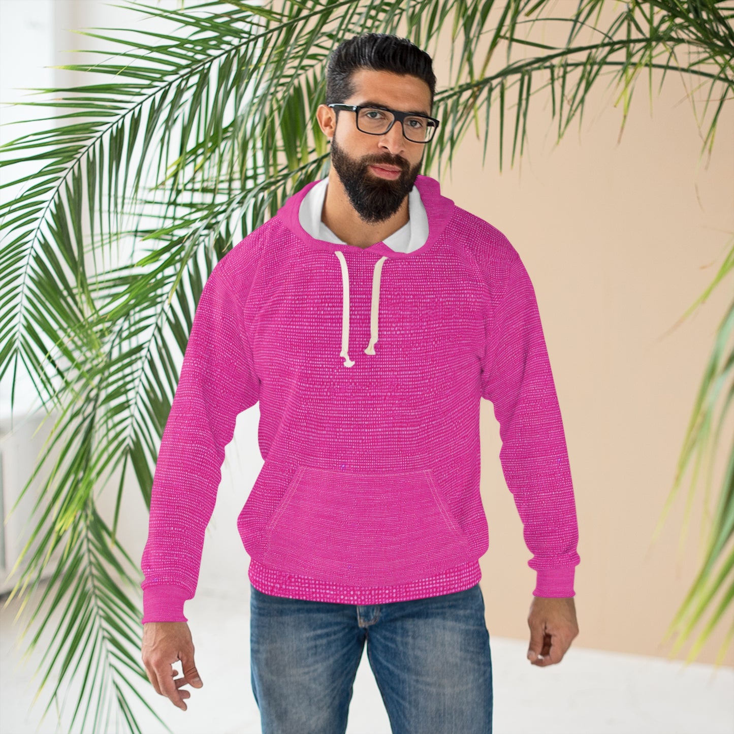 Hot Neon Pink Doll Like: Denim-Inspired, Bold & Bright Fabric - Unisex Pullover Hoodie (AOP)