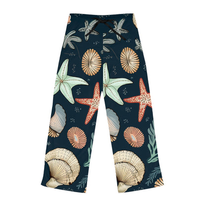 Pantalones de pijama para mujer con estampado de conchas marinas y estrellas de mar (AOP) 