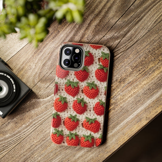 イチゴの伝統的な日本のかぎ針編みのクラフト、フルーツのデザイン、赤いベリーのパターン - タフな電話ケース