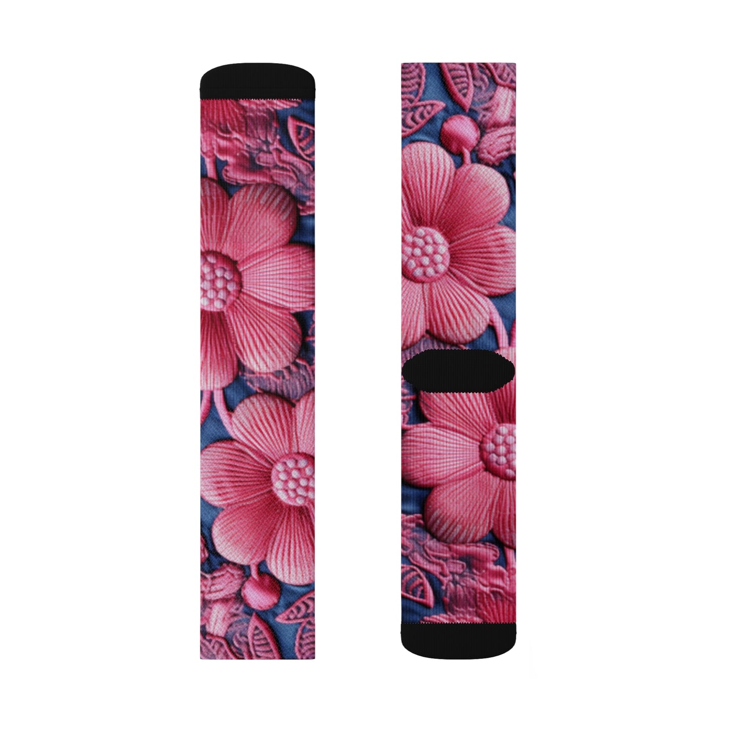 Denim Blue Doll Pink Floral Embroidery Style Fabric Flowers - Sublimation Socks