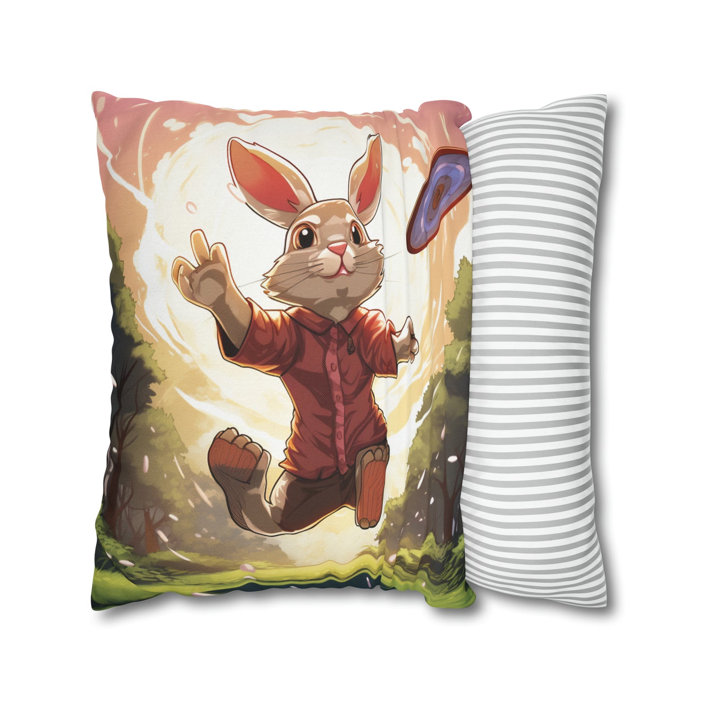 Disc Golf Rabbit: Bunny Aiming Frisbee for Basket Chain - Spun Polyester Square Pillow Case