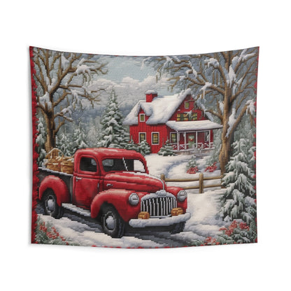 Red Truck Christmas Embroidery: Needlepoint Festive Winter Scene Threadwork - Indoor Wall Tapestries