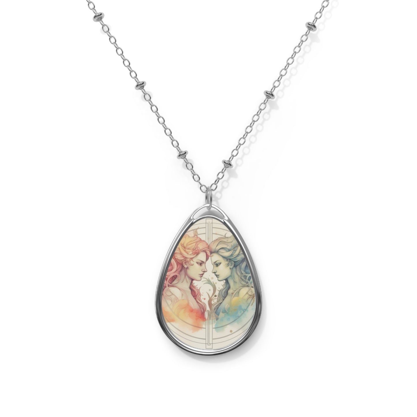 Pastel Gemini Astrology Art - Twins Symbol, Light Color - Oval Necklace