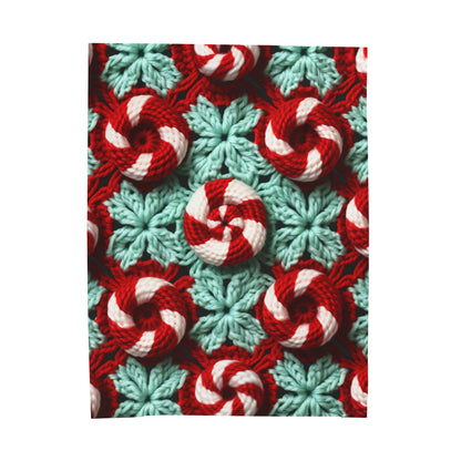 Christmas Crochet Candy Cane - Pepper Red Crystal White Holiday Pattern - Velveteen Plush Blanket