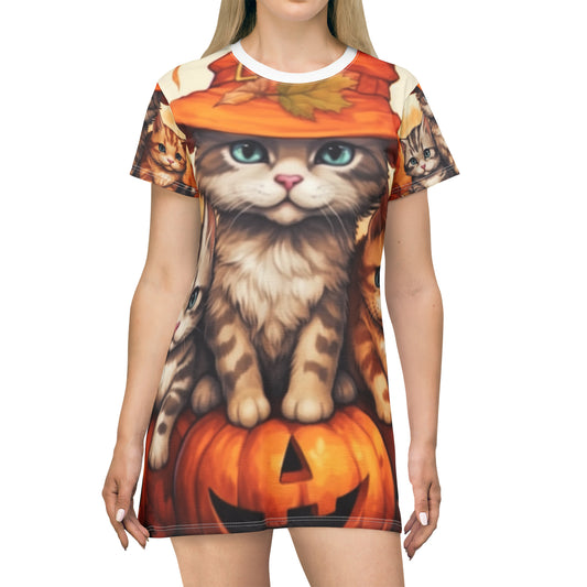 Kitty Cat Kittens Halloween - Cute Furries on Pumpkin - Festive Feline Decor - T-Shirt Dress (AOP)
