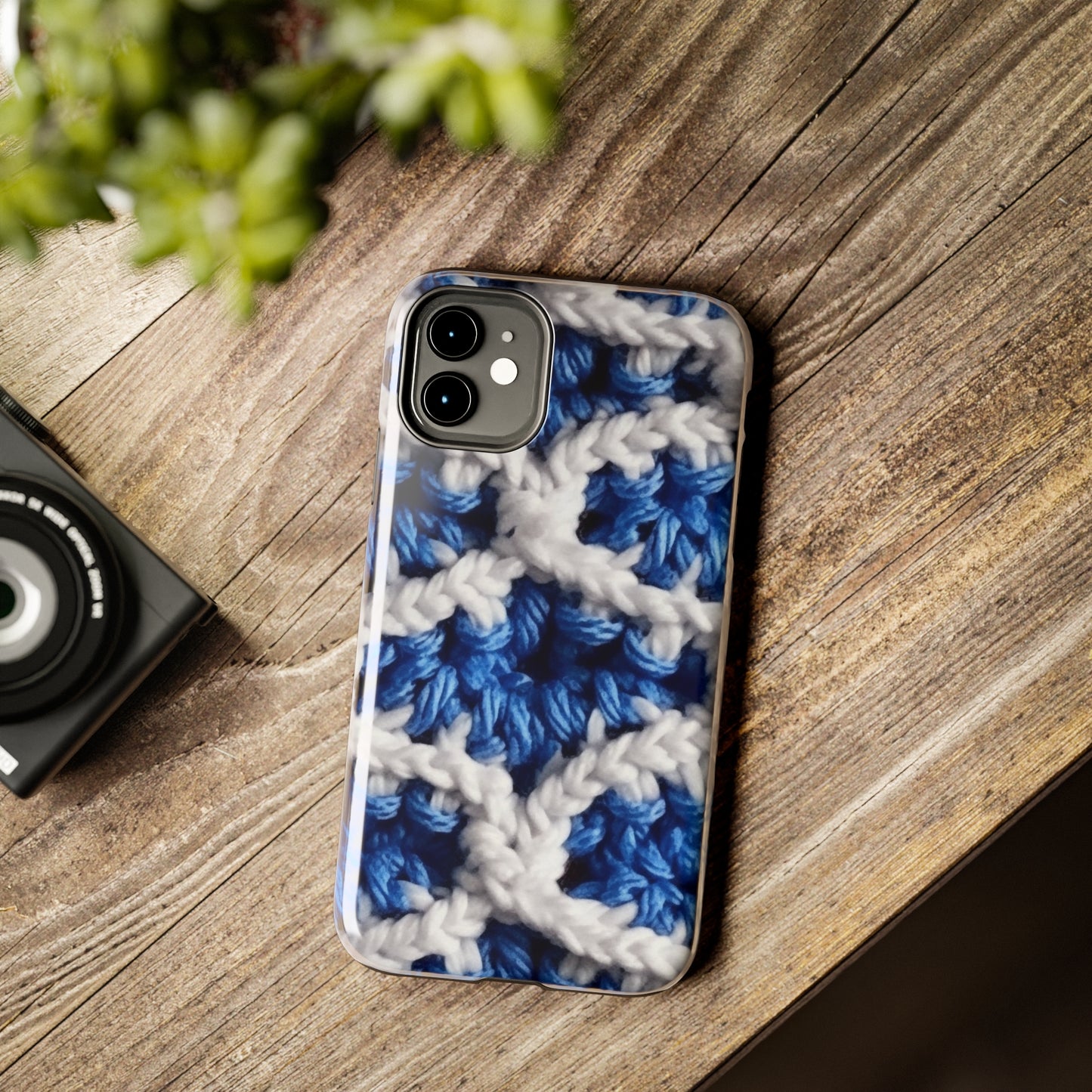 Blueberry Blue Crochet, White Accents, Classic Textured Pattern - Tough Phone Cases