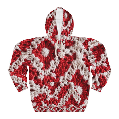 Warm Winter Red & White Crochet Knit: Cinematic Chic Texture Design - Unisex Pullover Hoodie (AOP)