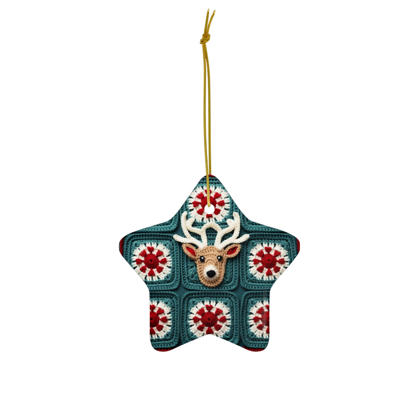 Christmas Reindeer Crochet, Wintry Wonderland Design, Festive Stag Motif. Embrace the Holiday Spirit - Ceramic Ornament, 4 Shapes