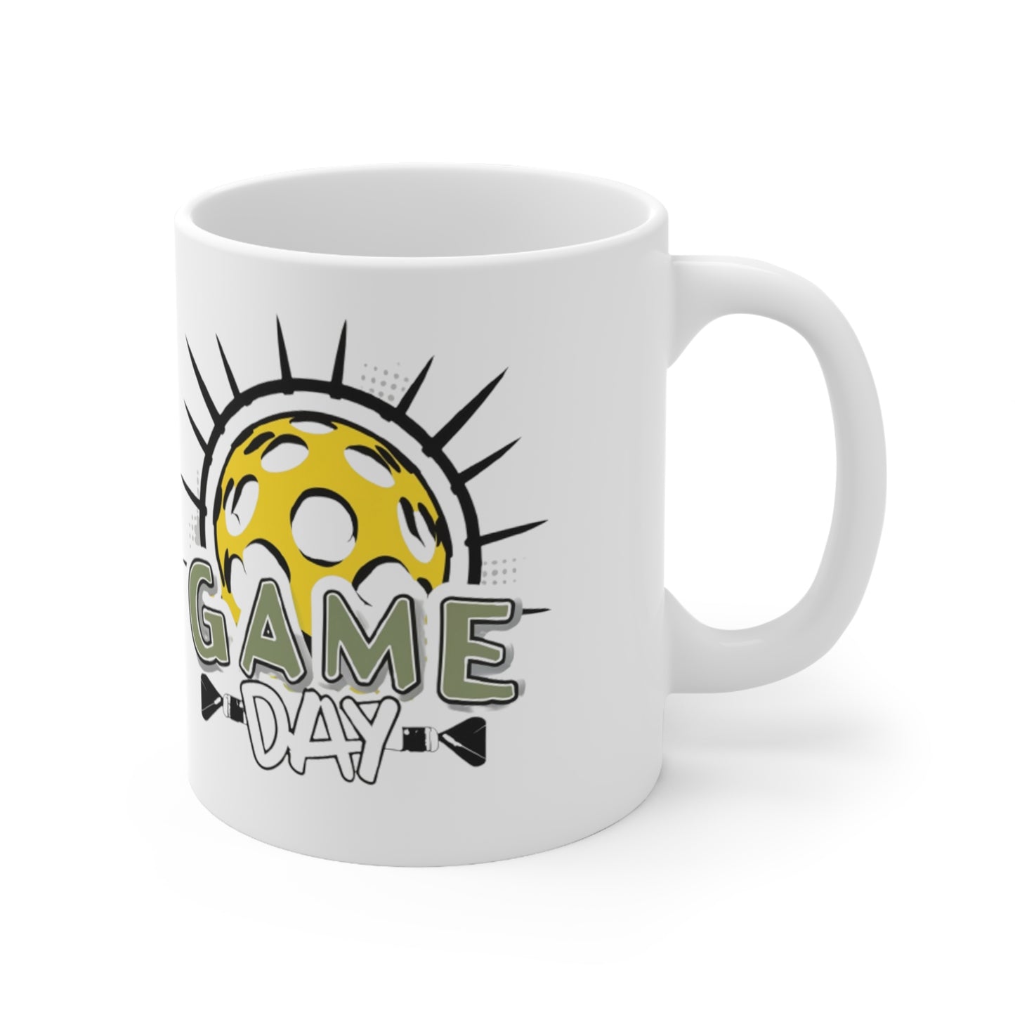 Emblema radiante de Pickleball con rayos solares dinámicos y letras del día del juego - Taza de cerámica de 11 oz