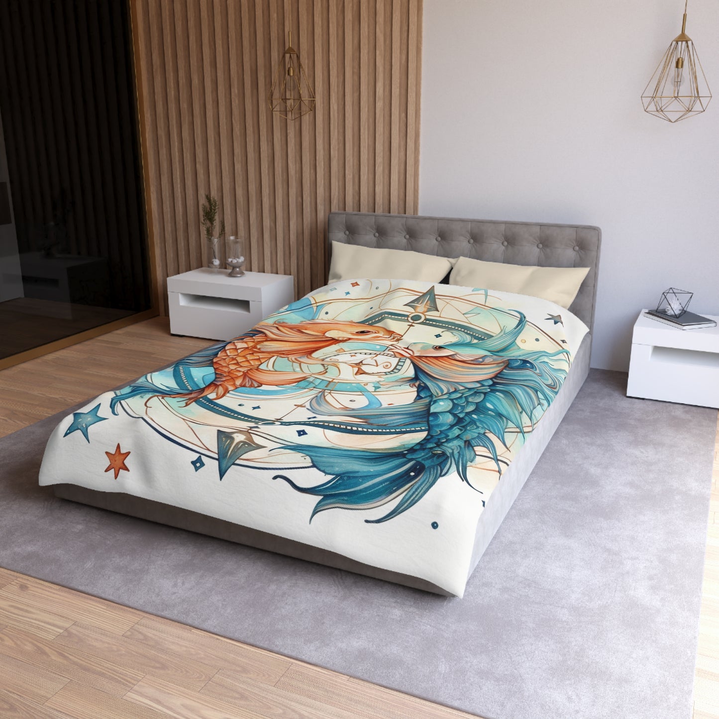 Pisces Zodiac Horoscope - Starry Watercolor & Ink, Hyper-Detailed Fish Microfiber Duvet Cover