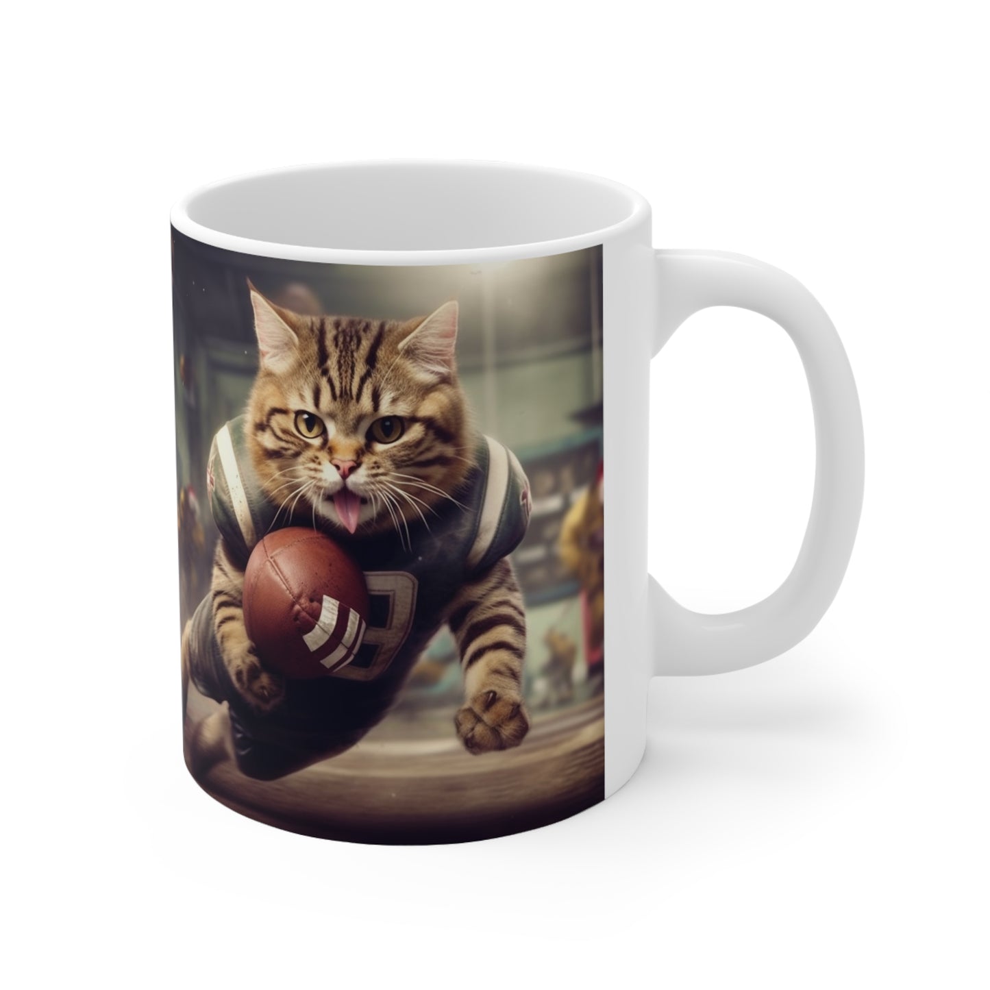 Football Field Felines: Kitty Cats in Sport Tackling Scoring Game Position - Ceramic Mug 11oz